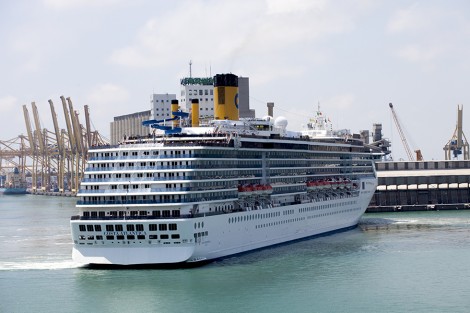 BARCELONA, SPAIN - JUNE 17: Costa Atlantica cruise ship navigating in Barcelona port, Spain on June 17, 2012. Costa Atlantica is cruise ship owned and operated by Italian cruise line Costa Crociere from 2000.