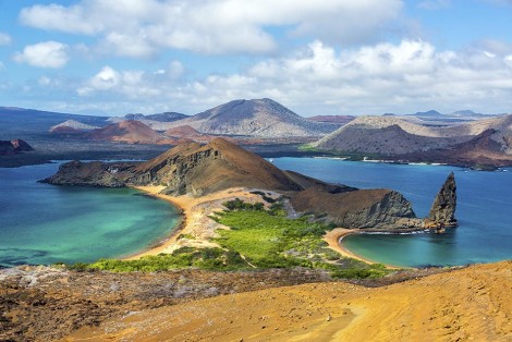 View of two beaches on Bartolome Island in the Galapagos Islands in Ecuador