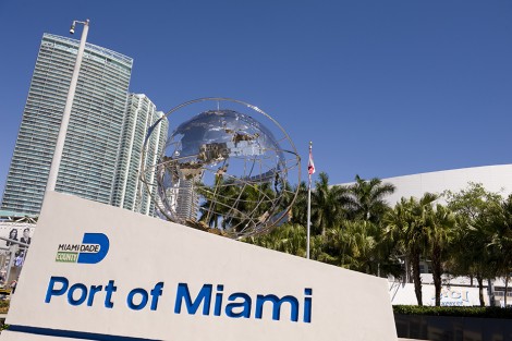 Miami, United States - March, 11th 2011; Port of Miami sign by the entrance to the port terminal on Biscayne Boulevard in downtown Miami, Florida, USA. View looking north.